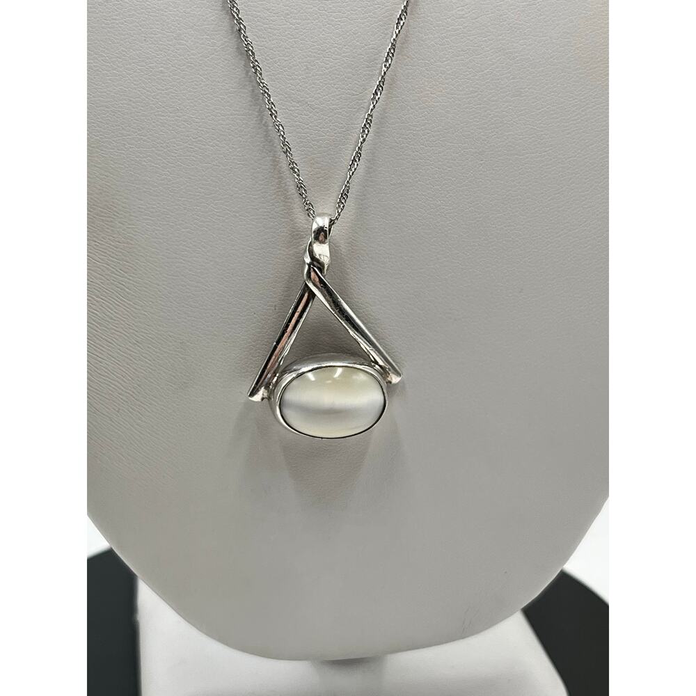 Vintage Signed Mexico‎ Sterling Silver Cats Eye Pendant Necklace 18" Chain